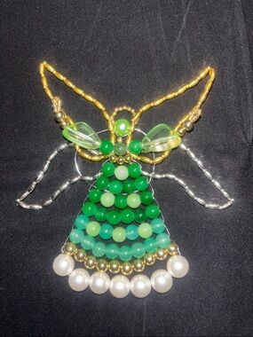 Handmade Green Beaded Angel Ornament with Gold and Pearl Accents